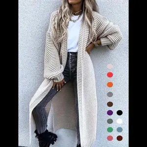 Women’s solid longline cardigan with split hem, bishop sleeves, open front; long-sleeve knitwear for fall and winter; everyday knitwear; womenswear