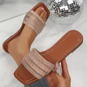 Women’s Woven Slide Sandals Square Toe Flat Summer Breathable Casual Shoes for Daily Vacation Wear