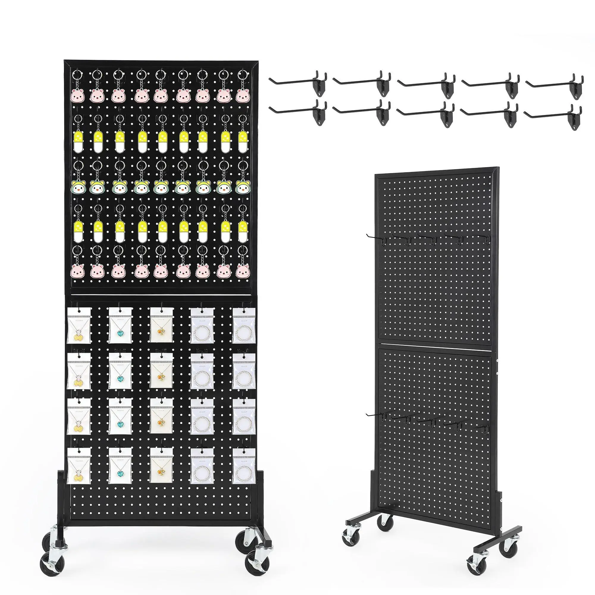 Height-adjustable metal pegboard display shelf on wheels – Freestanding pegboard stand with T-base & 10 hooks – Robust, mobile & versatile for retail, trade fairs, workshops, garages,Black