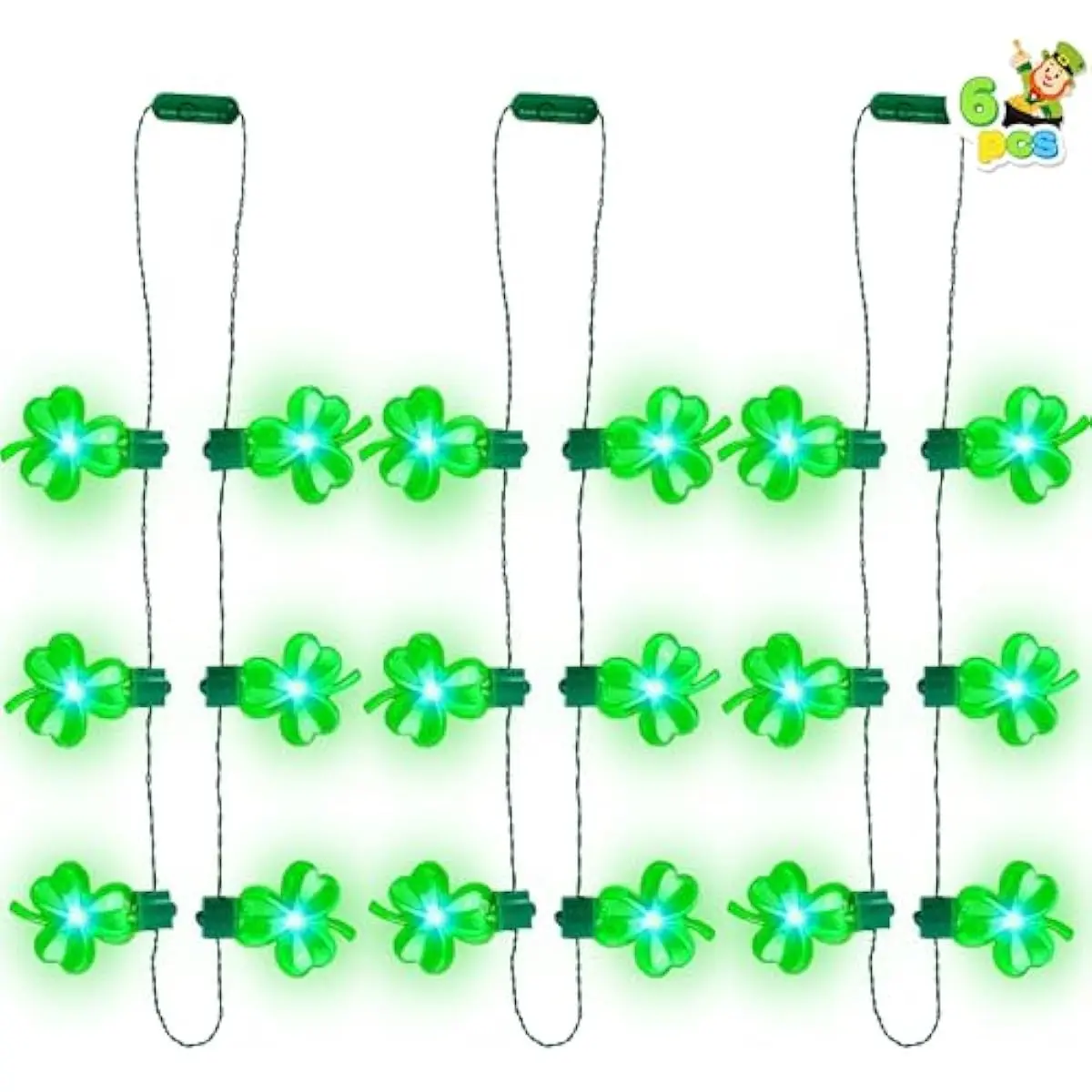 6 Pcs LED Shamrock Necklace Set, Light Up Green Lucky Clover Irish Shamrock Necklaces for St. Patrick's Day Party Favors Decorations Supplies