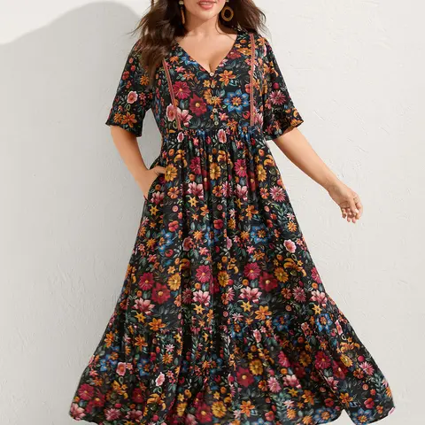 BLOOMCHIC Women's Plus Size Floral Print Maxi Dress [M-6X] - Boho Flowy Long Sleeve Ruffle Dress with Pockets, Smooth, Low Iron, Bohemian Vibe, Curvy Fall Vacation Outfit, Do Not Tumble Dry, SohoChic