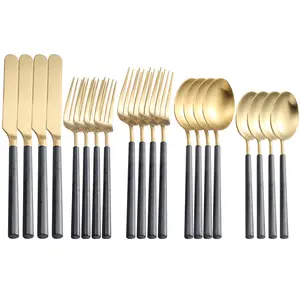 Matte Silverware Set Black Gold Flatware Set Stainless Steel with Heavy Round Handle,20 Pieces Cutlery Set Dessert fork spoon included,Wedding Housewarming Gift Service for 4