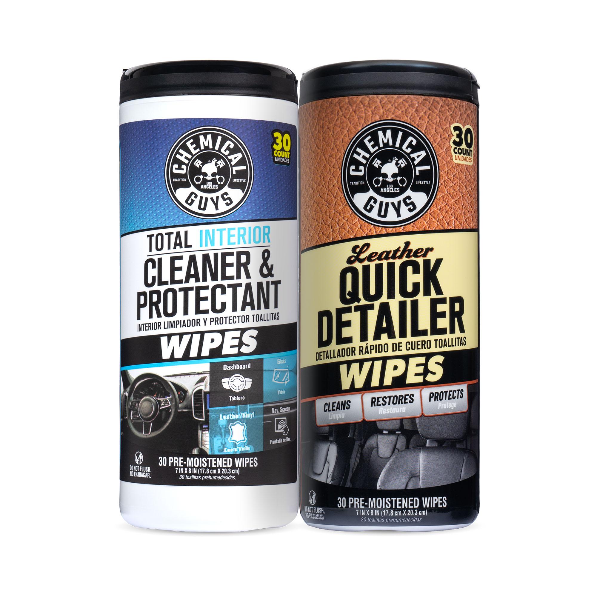 CHEMICAL GUYS Total Interior and Leather Quick Detailer Wipes Bundle – Dual Canister Set with Total Interior Cleaner Wipes for Dashboards, Screens & Seats, Plus Leather Quick Detailer Wipes to Clean, Condition & Protect Leather Surfaces On-the-Go