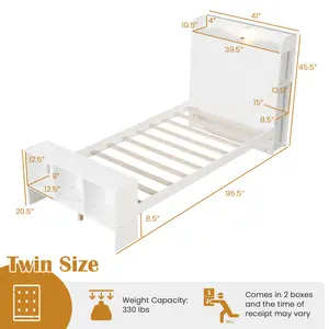 COSTWAY - Twin Size Bed Frame with 2 USB Ports with Storage Headboard and Lights-Twin Size