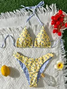 Women's New Printed Fashion Casual Tie-Waist Beach Vacation Two-Piece Bikini Swimsuit, All Seasons Fitted Swimwear, Tropical Print Swimsuit, Floral Print Swimsuits