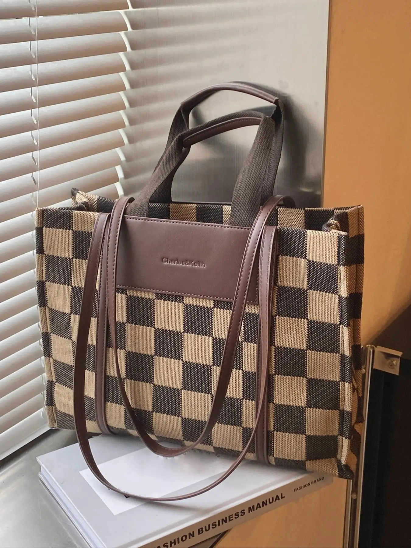 Women's Elegant Checked Pattern Tote Bag, Fashionable Patched Design Large Capacity Shoulder Bag for Work, Everyday Bags, Casual Trendy Versatile High