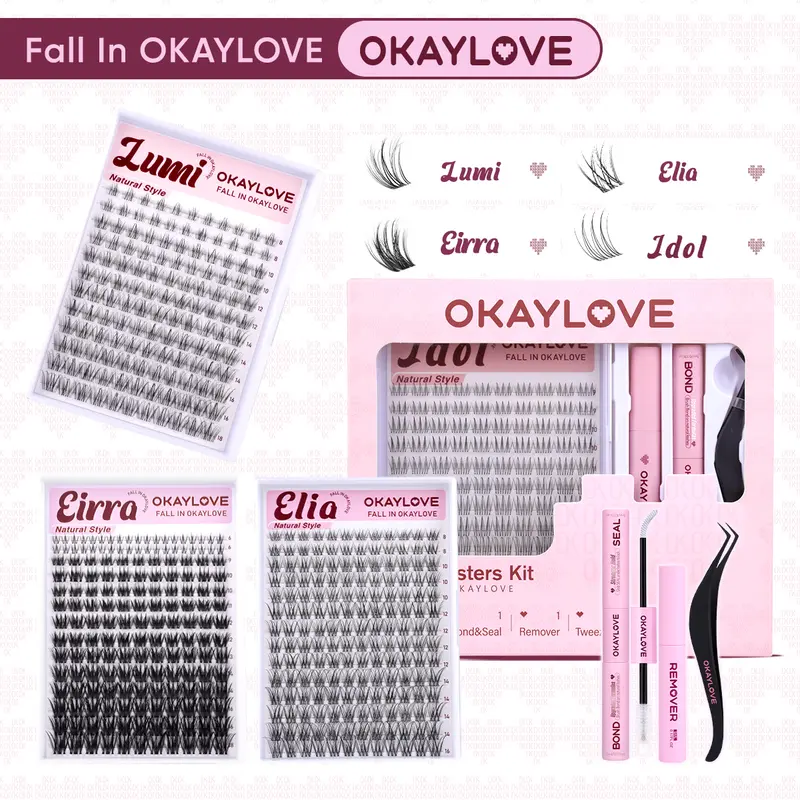 OKAYLOVE Lightweight Natural C/CD/D-Curl Eyelash Extensions Kit - Lash Cluster Set with Idol,Elia,Eirra,Flutt,Lumi Soft Natural Lash Clusters, Bond, Seal, Tweezers, Remover for DIY Home Makeup, Student Gifts