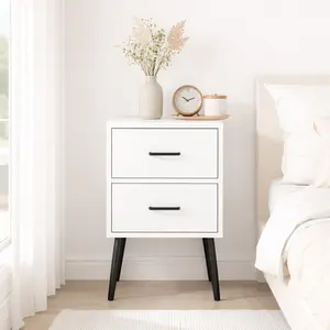 Modern White 2-Drawer Nightstand with Metal Legs & Handles