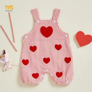 Baby Valentine's Day Striped Overalls with Red Heart Embroidery Infant Bodysuit Newborn Sleeveless Jumpsuit