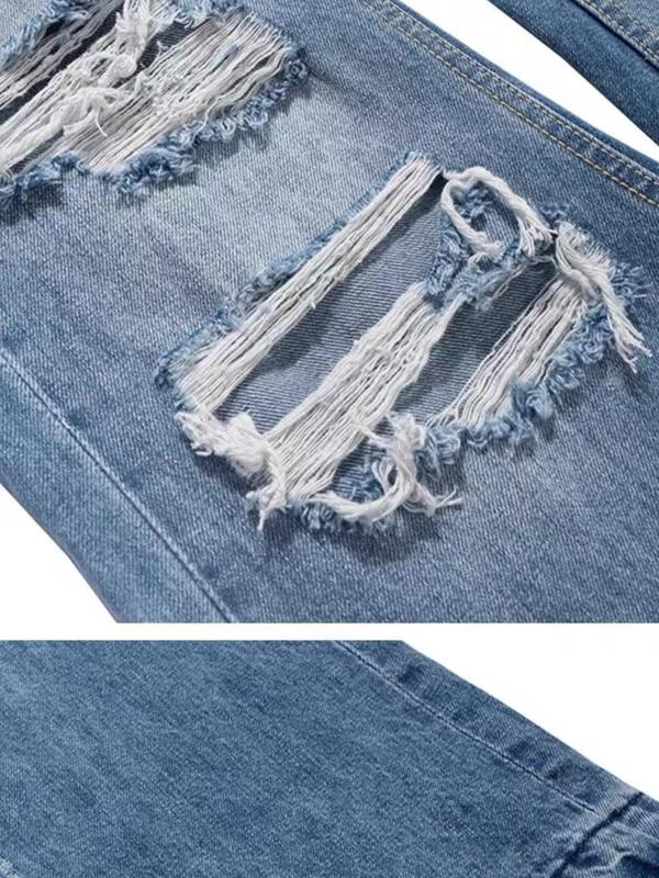 New Men Holes Loose Regular Fit Jeans Trousers Solid Stylish Men's Streetwear Ripped Distressed Straight Denim Pants