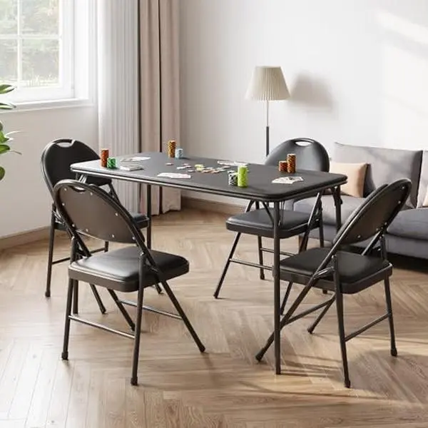 Gaomon 5-Piece Portable Folding Card Table and Chair Set for 4 - PU Upholstery, Padded Top, Metal Frame, Waterproof, No Assembly Required, for Camping, Dining Room (Black-1)