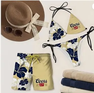 Coors Banquet Beer Matching Swimsuit Set Hibiscus Floral Swimwear Set, Beach Outfit Bikini & Men’s Beach Shorts  Swimwear for Your Summer Vibe