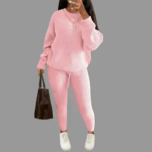 Women’s Winter Ribbed Knit Suit – Loose Pullover Sweater & Drawstring Pants Set