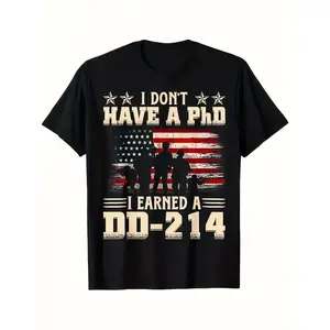 Vintage "I Don't Have a PhD I Earned a DD-214" Patriotic Military T-Shirt - Distressed American Flag Design with Soldier Silhouettes, 100% Cotton Regular