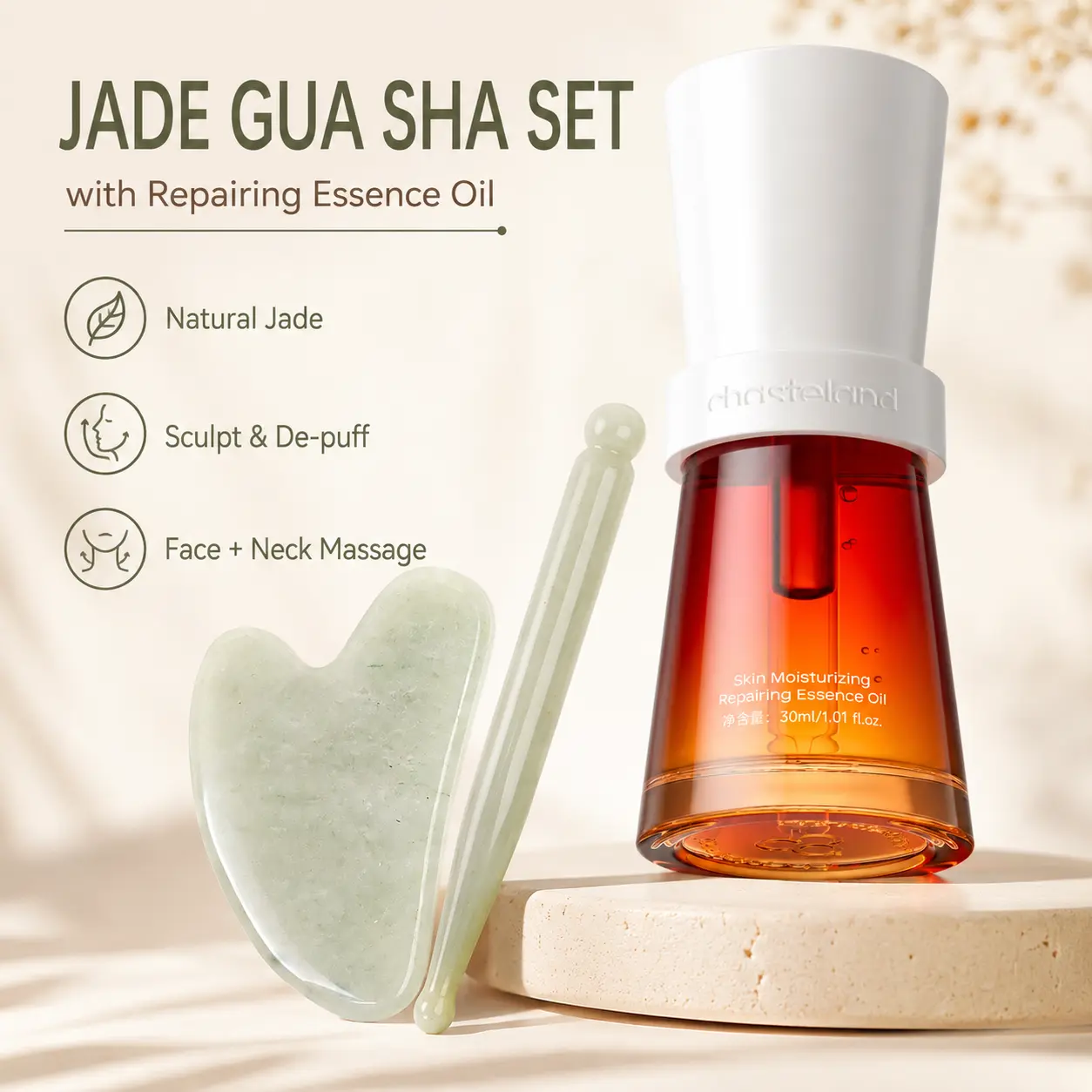 Chasteland Facial Gua Sha and Deep-Hydrating Essential Facial Oil—anti-wrinkle, smooths fine lines, brightens, nourishes, and repairs; "Vampire-style" facial oil for skin firming; body exfoliation set; and acupressure massage.