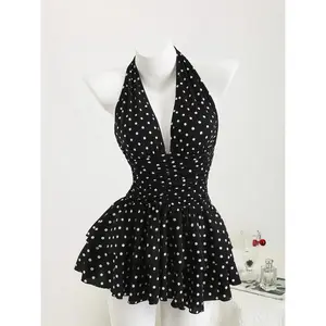 LALUZ Black And White Polka Dot,Summer,1960s Vintage,Holiday,Tea Party,Holiday Women's Deep V-Neck Halter Backless Fitted Mini Dress With Ruffle Hem,Boho