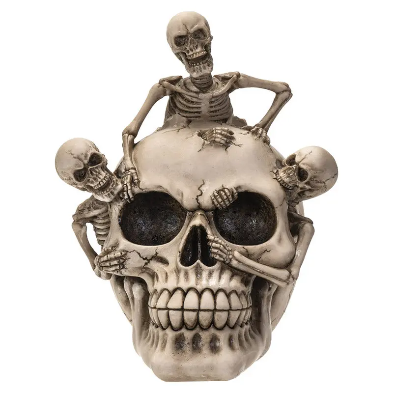 Skull with 3 Skeletons Gothic Decor Cold Cast Resin Hand Painted Skull Sculpture