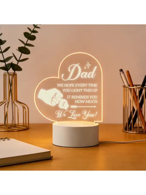 Acrylic Heart-Shaped Night Light for Dad, 2D Fist Bump LED Desk Lamp with Warm White Scratch-Resistant Lighting, USB Powered Corded Table Lamp, 12cm x 12cm Bedroom Decor, Father's Day Birthday Gift for Stepdad