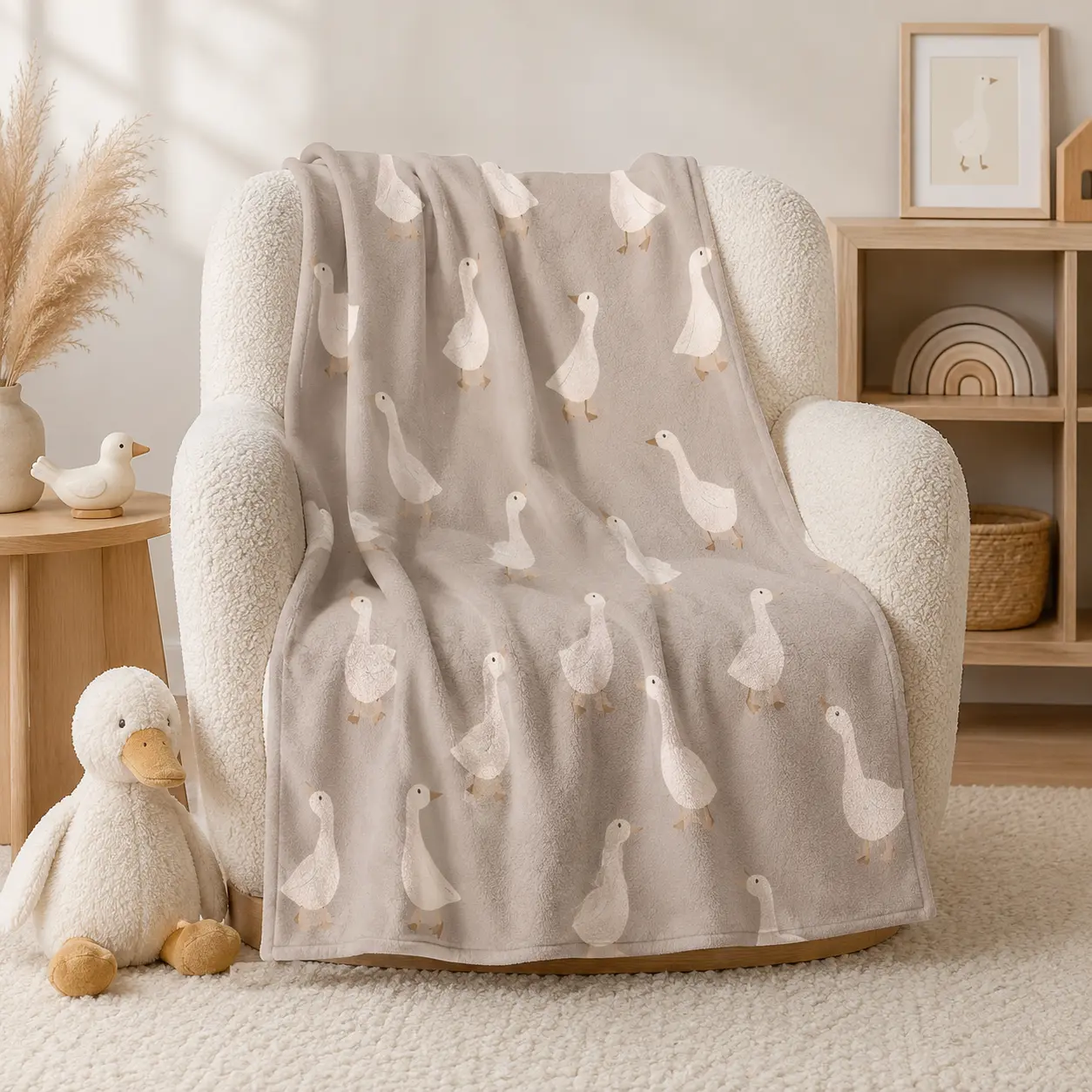 Goose Duck Flannel Blanket - Soft Plush Neutral Nursery Throw for Baby, Cute Farm Animal Design for Crib or Sofa, Machine Washable Cozy Baby Shower Gift for New Parents