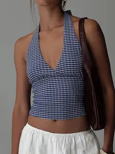 Deep V Backless Top, Polka Dot Pattern, Plaid, Loose-Fitting Casual Sleeveless Tank Top, No Collar Design, Women's Fashion Clothing, Womenswear