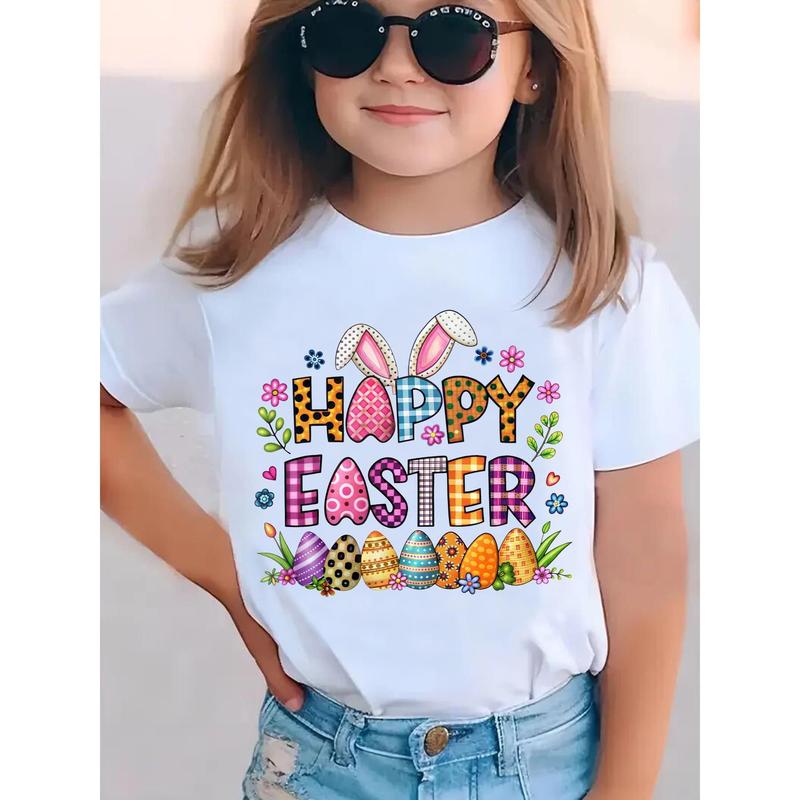 Girls' Easter Bunny & Egg Short Sleeve T-Shirt - Happy Easter Egg Hunt Outfit with Ears & Spring Flowers, Round Neck Summer Top