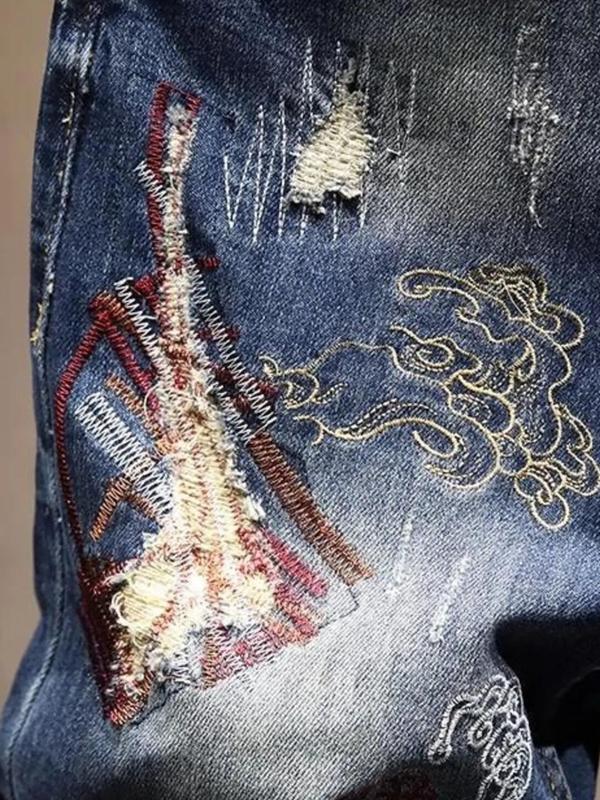 Men's Distressed Embroidered Jeans