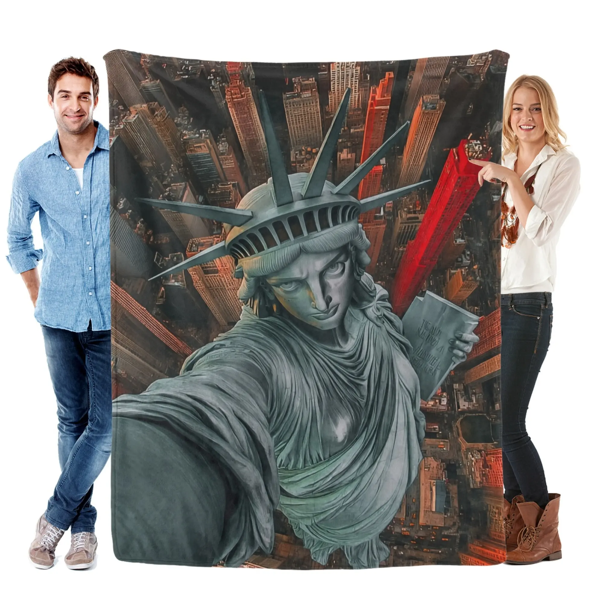 Ultra-Soft Patriotic NYC Skyline Flannel Throw Blanket with Humorous Statue of Liberty Selfie Art, Cozy Home Decor for NYC Lovers, Travel Souvenirs & Year-Round Snuggling Gifting Option