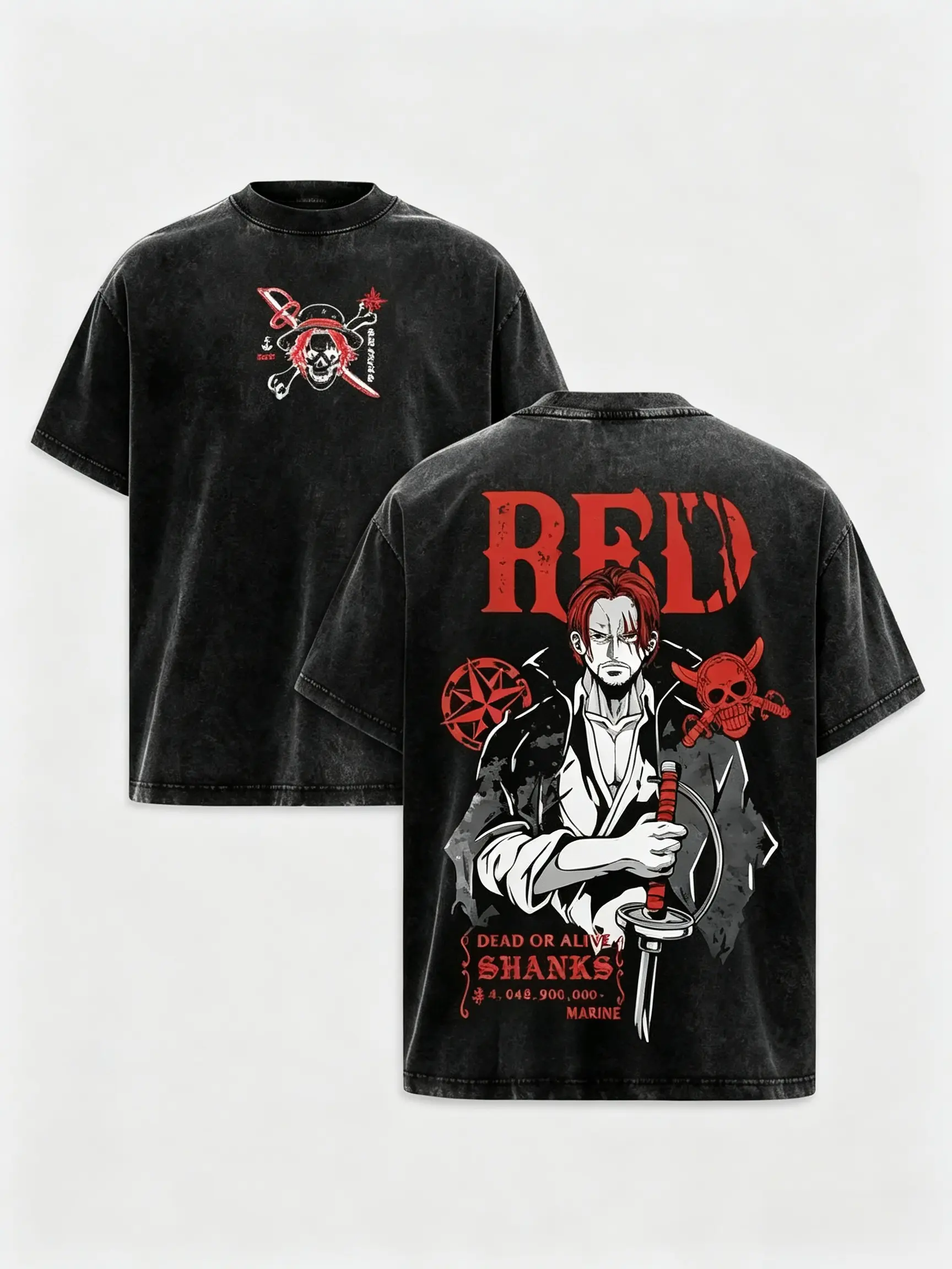 Men's Retro Limited Shanks Red 1 Piece Oversized Anime Graphic Tee - Y2K Acid Washed Cotton, Double Printed Unisex Streetwear Top, Manga Lover Gift Merch casual slim-fitting f shirts day funny meme