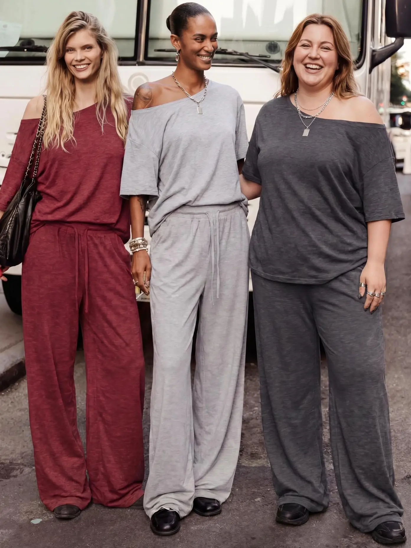 【Ready Together】Showitty Womens 2 Piece Outfit, One Shoulder Top Drawstring Wide Leg Pants with Pockets Streetwear Set pajamas casual chic