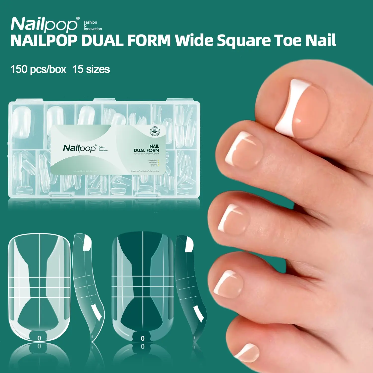 1 Box of 150pcs Nailpop Toe Nail Extension Molds – Nail Art Products, Nail Forms, PP Upgraded Material for Traceless & Comfortable Fit, Thin Back Edge & Thick Front Edge, 15 Sizes Professional Design, Ideal for Salons & Comfort-Seeking Users