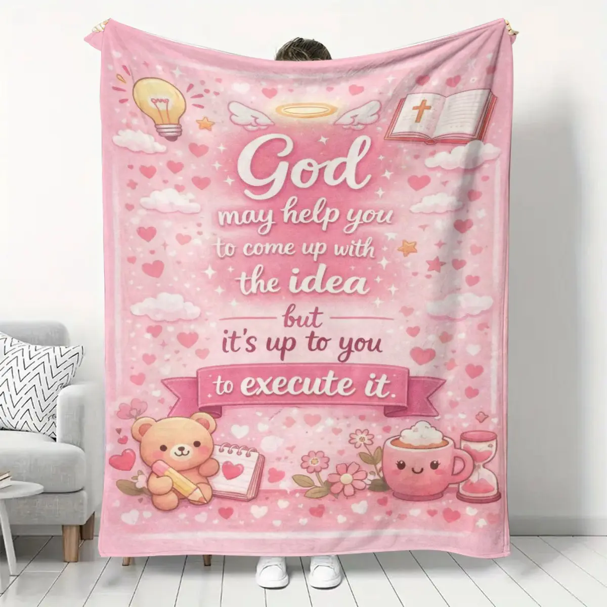 Cozy Polyester Flannel Blanket - All Seasons, Machine Washable, Modern Print with Inspirational Quote "God May Help You to Come Up with The Idea, But It's Up to You to Execute It", Cute Cartoon Teddy Bear Coffee Cup Bible Design, Soft Warm