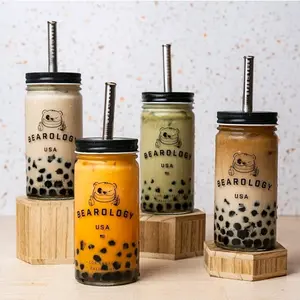 Bearology Mason Jar with Aluminum Lid and Stainless Steel Straw x4 Bottles Drinkware