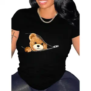 👕 Women's Cute Teddy Bear Graphic T-Shirt - Casual Black Polyester Tee with Zipper Detail, Short Sleeves & Round Neckline, Machine Washable, Casual Wear | Playful Graphic Tee | Machine Washable Top