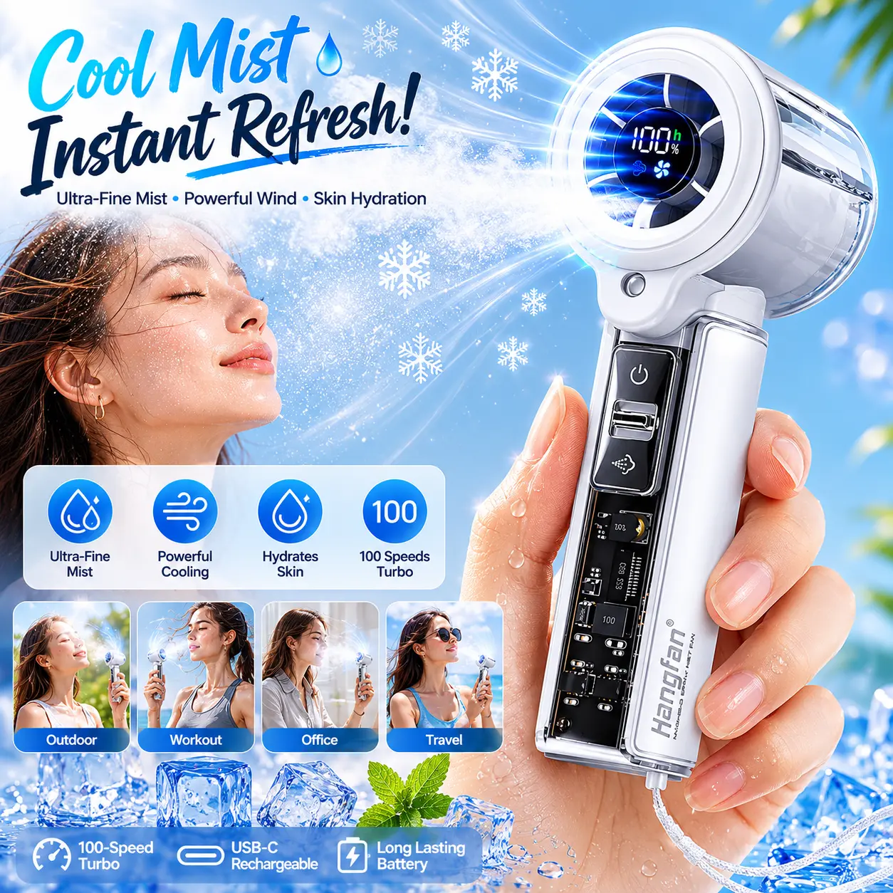 HANGFAN Foldable Misting Fan with LED Light – Powerful Portable Handheld Cooling Fan, Rechargeable Personal Fan for Summer Heat, Travel, Camping & Outdoor Survival Heat Relief