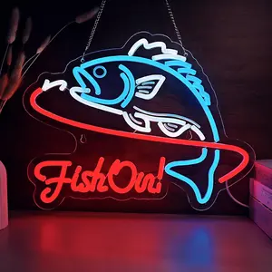 Fish On Neon Sign Go Fishing LED Signs for Wall Deco Fishing Gear Shop Fish Bedroom Living Room Man Cave Yacht Decor Men Gifts
