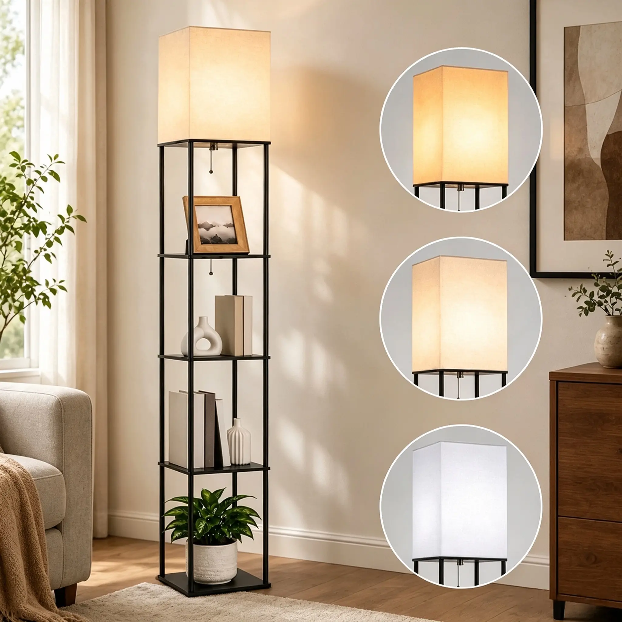 DAYBETTER Floor Lamp with Shelves, 4-Tier Square Modern Shelf Lamp | 3CCT Bright Bulb Included, Tall Standing Lamps for Living Room Bedroom Office