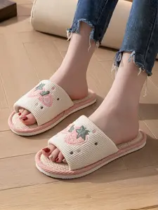 Women's Strawberry Embroidered Open-Toe Slippers, Non-Slip Soft Home Shoes, Ideal for Bedroom and Living Room, All Seasons Comfort