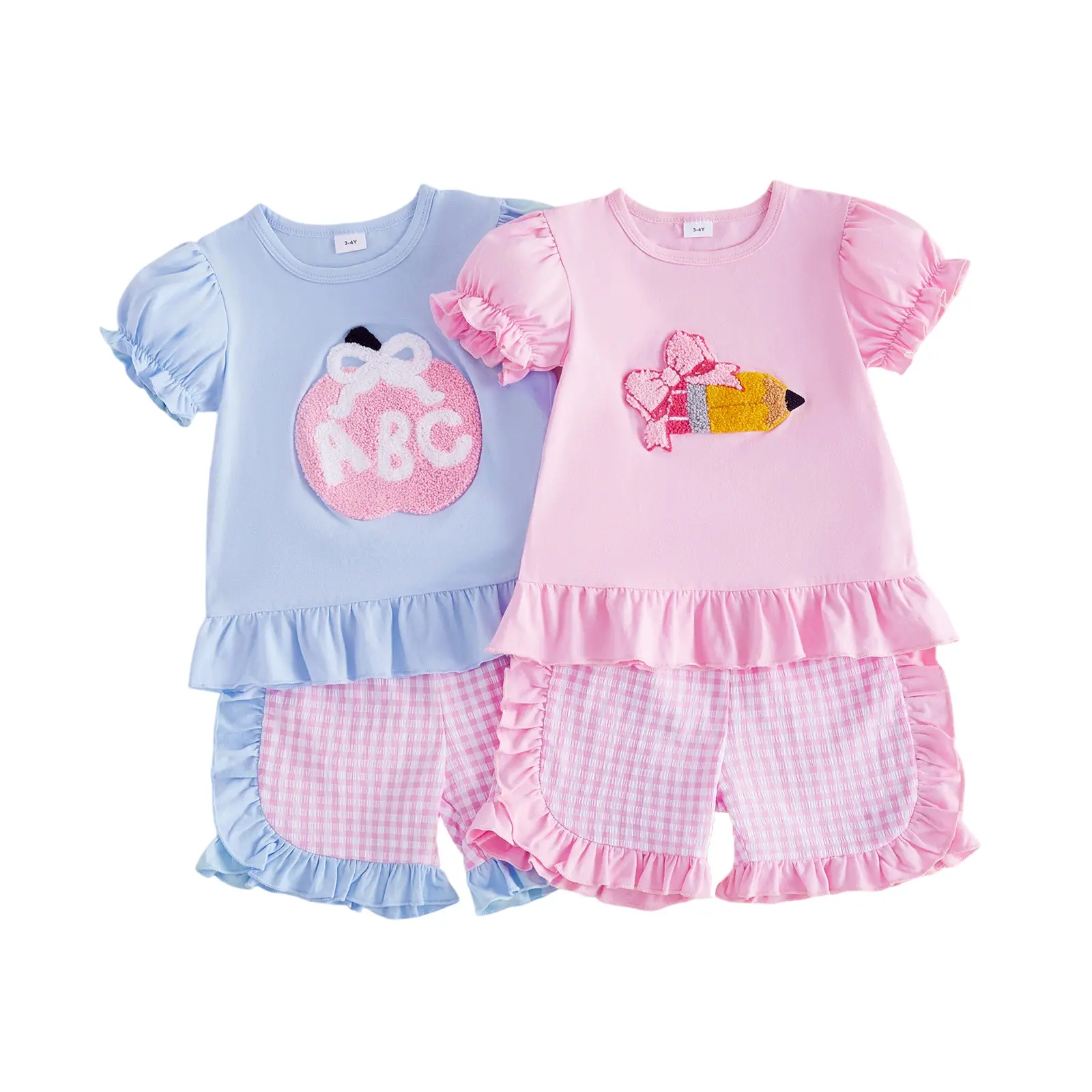 Toddler Baby Little Girls Back to School Outfit Pencil Embroidery Puff Sleeves Tops + Plaid Ruffled Shorts Set 3-8 Years