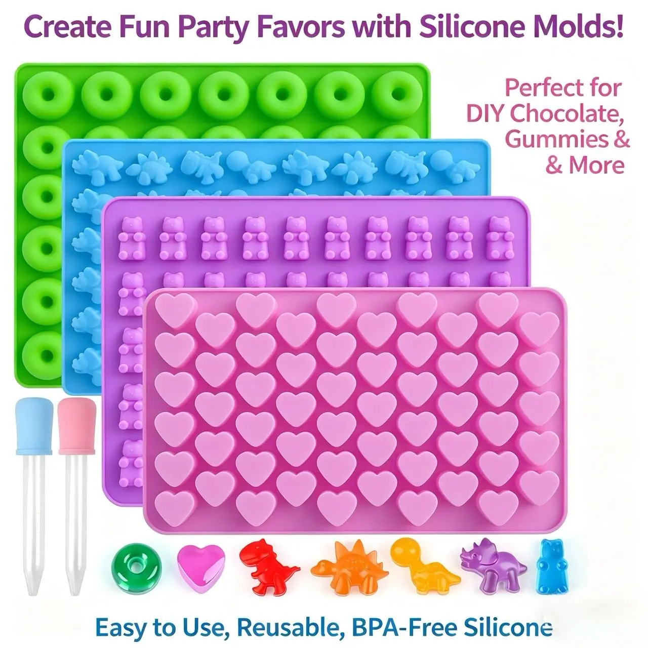 Silicone Gummy Candy Molds for Dessert Lovers - 4-Pack Mini Molds with 2 Droppers, Dinosaur, Bear, Heart & Donut Shapes, Baking & Candy Making Supplies, Dessert Lover