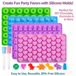 Silicone Gummy Candy Molds with 2 Droppers, 4 Pack Mini Molds - Dinosaur, Bear, Heart & Donut Shapes,Candy Making Supplies