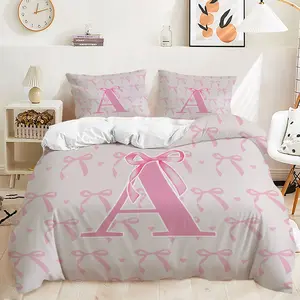2/3Pcs Soft and Cute Bow Themed Duvet Cover Set, Gentle and Sweet Letter Patterned Bedding Set, Bed Sets, Made of Soft Ultra-Fine Fiber Material, Including 1 or 2 Pillowcases, No Padding/Zipper Closure