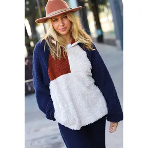 Seize The Day Navy & Taupe Quarter Zip Sherpa Pullover