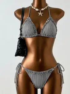 Women's Fashion Comfortable Swimsuit Bikini Two-Piece Set, Striped & Ruffle Design, Tie Back Bikinis, Perfect for Summer Beach, Vacation Essential