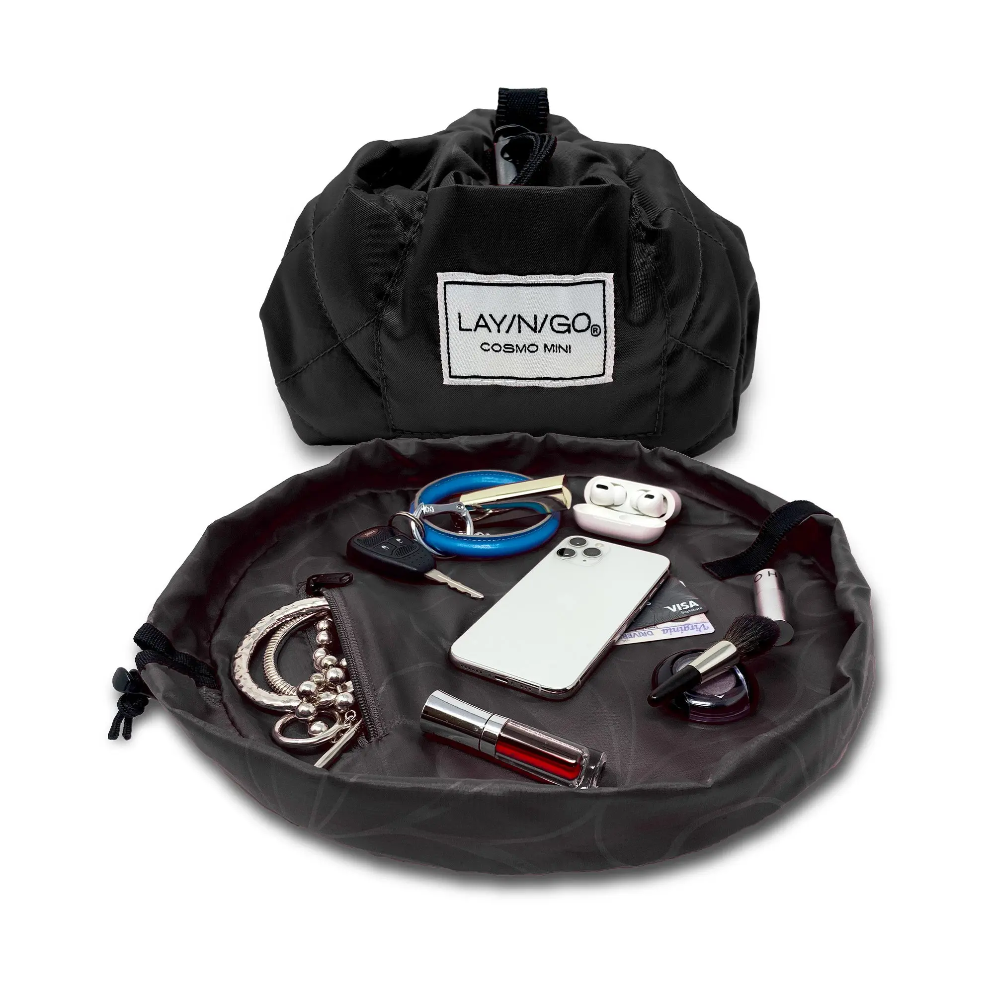 Lay-n-Go COSMO Mini 16" Compact Makeup Bag – Miniature Layflat Drawstring Cosmetic Bag for Daily Touch-ups and Travel Toiletries featuring a Zipper Pocket and Elastic Brush Loops