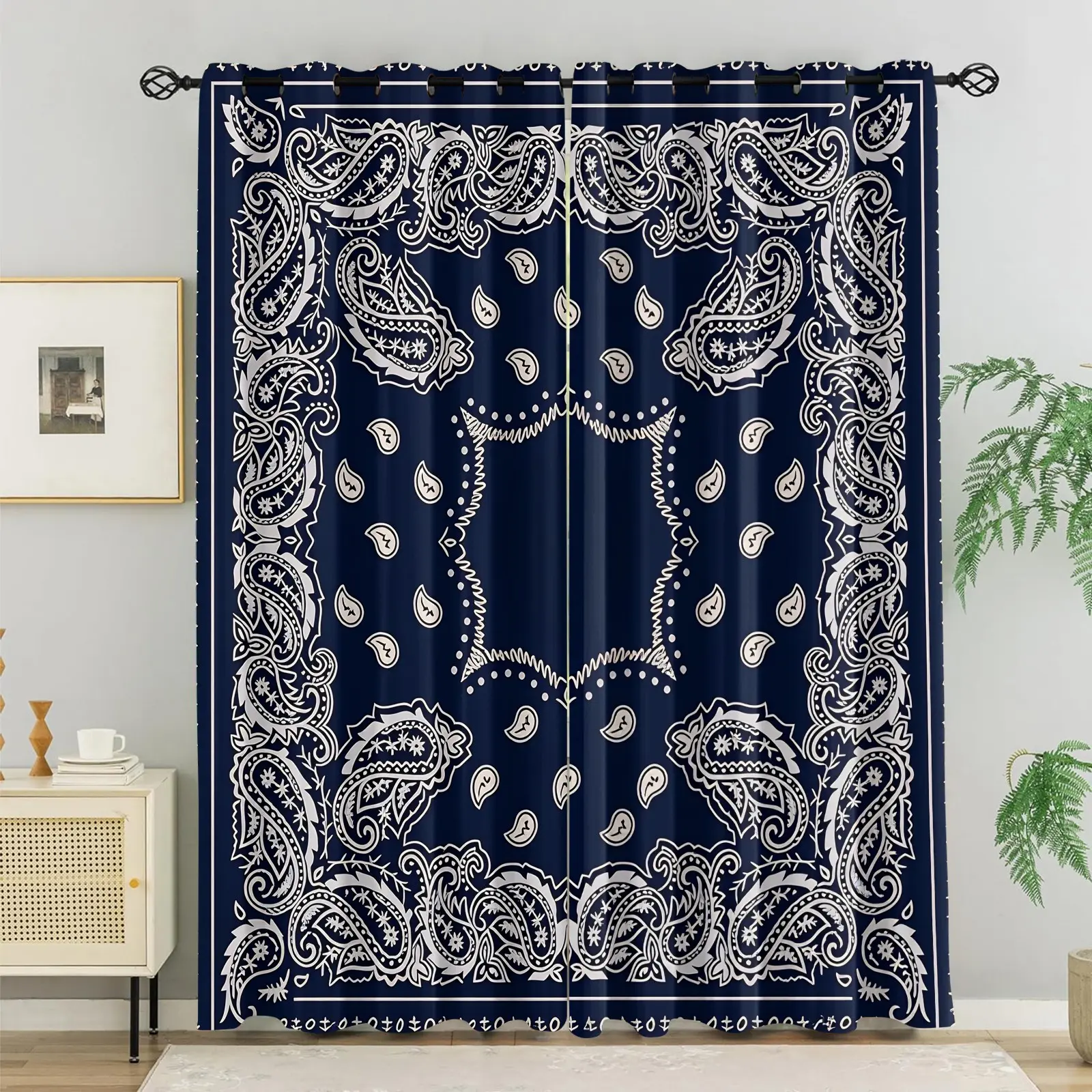 American Retro Hip-Hop Style Navy Blue Paisley Bandana Blackout Curtains 2Pcs/Set, No-Drill Ring Design, Washable Fabric, Bedroom Living Room UV Protection, Retro Streetwear Style Window Drapes Home Decor, Home Decorative Curtain, UV Resistant Curtains