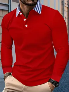 Men's Long Sleeve Fitted Knit Polo Shirt, Classic Plaid Patchwork Design, Perfect for Golf & Tennis, Stylish Comfortable Casual Wear