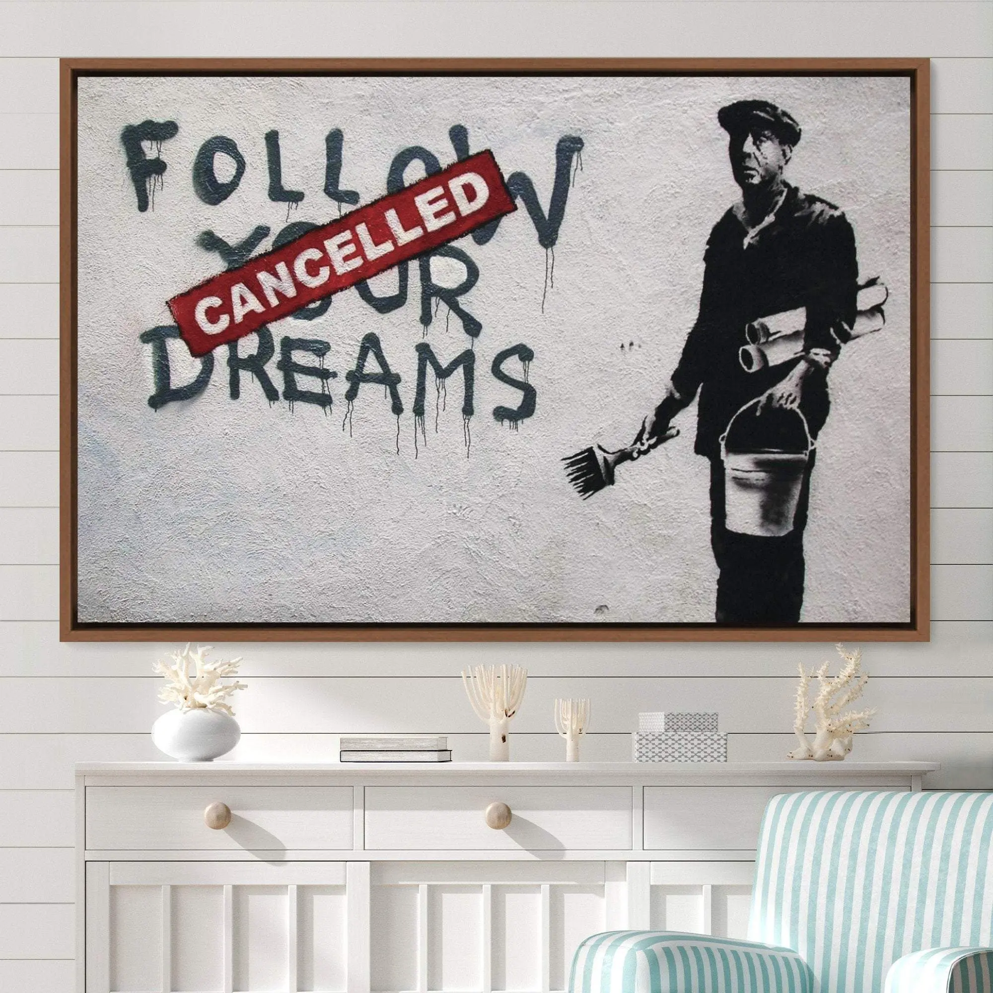 Banksy Cancelled Follow Your Dreams Graffiti and Street Art Illustrations Canvas Art Print, Frame Large Wall Art, Gift, Wall Decor