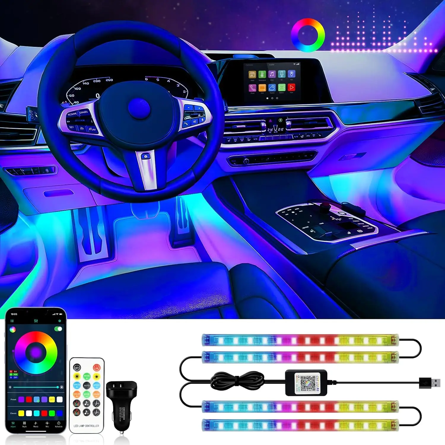RGB Car Interior Light Strip for Cars, Trucks, SUVs with Smart APP Control, Music Sync, Under Dashboard Footwell Neon Light, Interior Lighting Kit, 2-Wire Design, 12V LED Light Strip with Car Charger (1 Set)