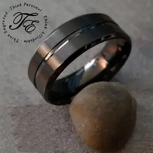 Men's Black Promise Ring Center Groove or Wedding Ring