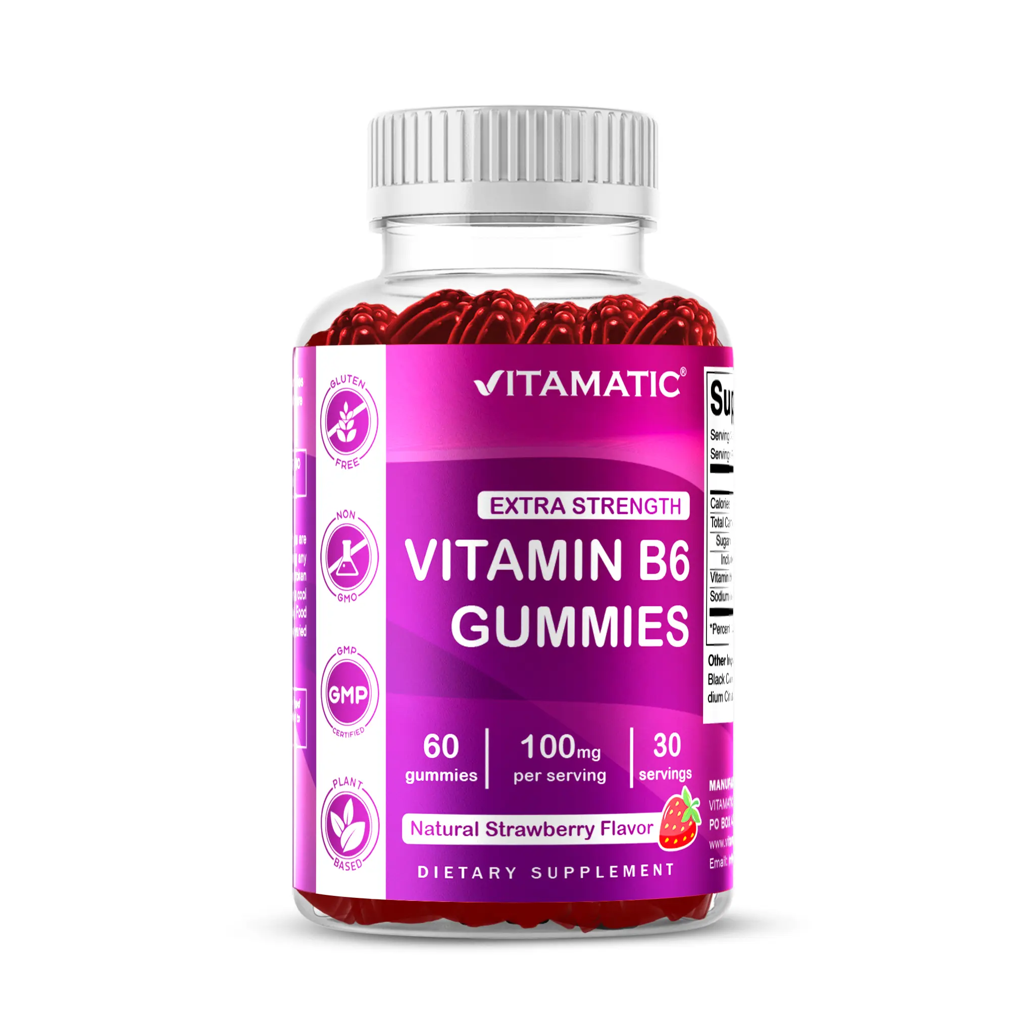 Vitamatic Extra Strength Chewable Vitamin B6 Pectin Gummies - 100mg, 60 Count, Natural Berry Flavor, Gluten-Free, Non-GMO, Vegan, Water-Soluble, Nicotine-Free, No Artificial Color, No Wheat, Metabolism & Nervous System Support
